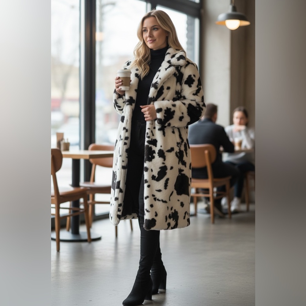 NWT Cow Print Faux Fur Coat Brown White Dalmatian Pattern Fluffy Winter Jacket